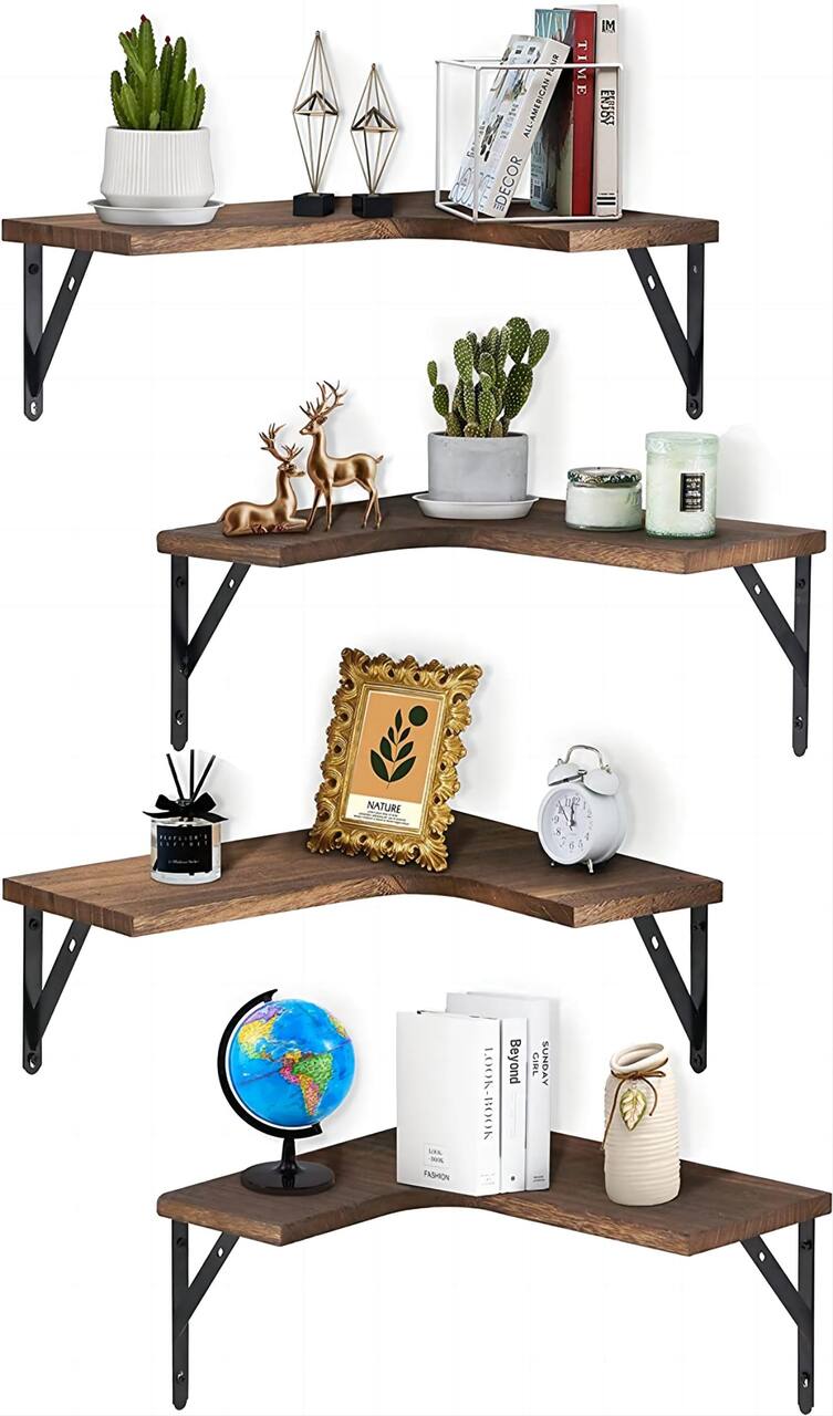 Brown Wood Wall Mounted Corner Floating Shelf Set